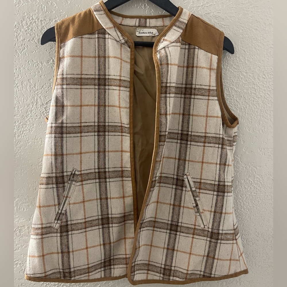 Southern Stitch Plaid Sleeveless Flannel Vest - Brown/Cream Size Medium